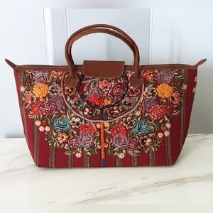 COLDWATER CREEK Embroidered Floral Tapestry Carpet Bag | Suede Leather Tote